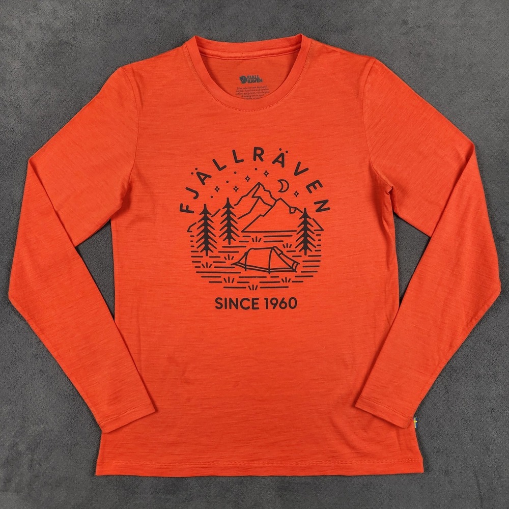 Fjallraven Long Sleeve T-Shirt Womens Small Orange Graphic Mountain Camp Tee